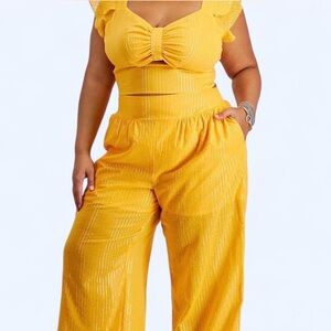 Cropped Cutout Flutter-Sleeve Top & High-Rise Smocked-Back Wide-Leg Pants